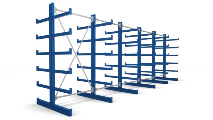 Kragarmregal doppelseitig blau lackiert 6 Ständer mit festen Armen
